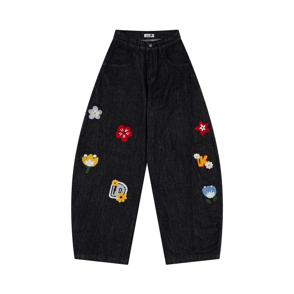 American High Street Floral Patch Flocked Embroidery Scimitar Jeans Men's Vibe Trendy Loose Washed Long Pants_mkmklike.com