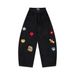 American High Street Floral Patch Flocked Embroidery Scimitar Jeans Men's Vibe Trendy Loose Washed Long Pants_mkmklike.com