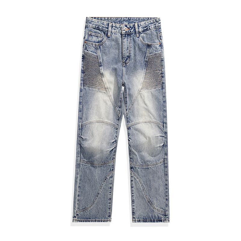 Men's Workwear Inspired Washed Distressed Patchwork Denim Jeans High Street Style Loose Straight Leg Biker Street Style Long_mkmklike.com