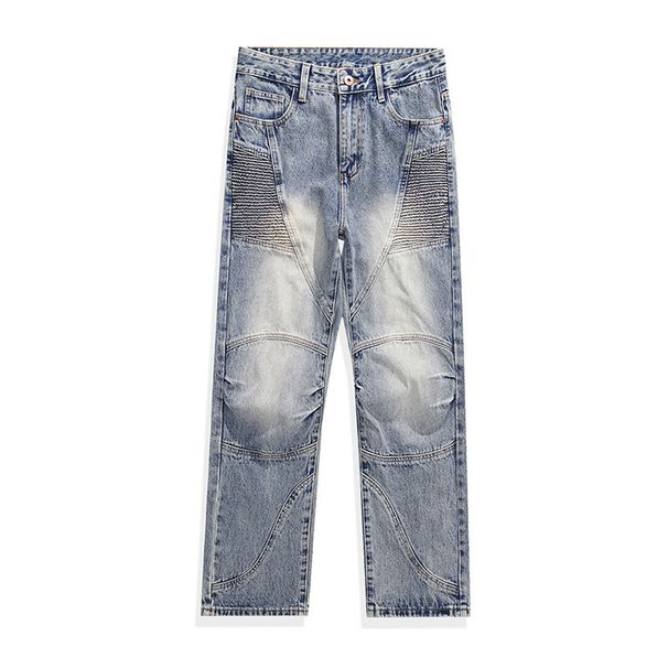 Men's Workwear Inspired Washed Distressed Patchwork Denim Jeans High Street Style Loose Straight Leg Biker Street Style Long_mkmklike.com