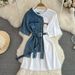Waist Waisted Round Neck Color Block Denim Shirt Chic Casual Mid-length_mkmklike.com