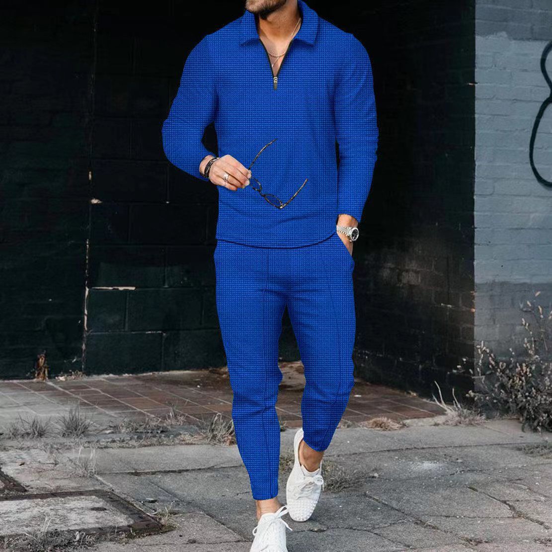 Men's Clothing texture suit long-sleeved polo suit sports pants fashion casual half zipper stand collar suit_mkmklike.com
