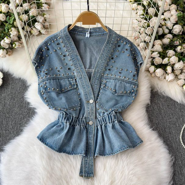 Women's Clothing Denim Vest With Waist Cinching & Rhinestone Details – Sleeveless Light Blue A-Line Vest For Elegant Layering (One Size)_mkmklike.com
