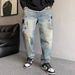 Men's Vintage Distressed Embroidered Patchwork Denim Jeans - Relaxed Fit Straight Leg Casual Pants For Spring_mkmklike.com