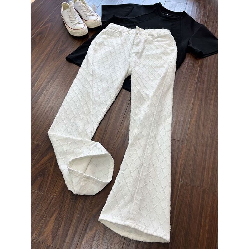 Cleanfit Men's Straight Leg Bootcut Jeans White Diamond Pattern Autumn Jacquard Design High Street Style Jeans_mkmklike.com