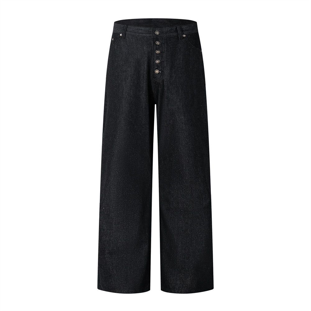 Button Front Straight-Leg Jeans Men's High Street Vibe Trend Solid Color Basic Wide-Leg Casual Pants_mkmklike.com
