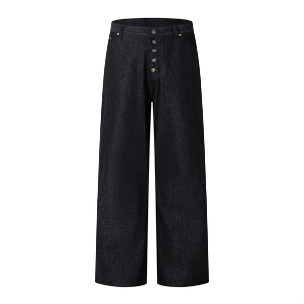 Button Front Straight-Leg Jeans Men's High Street Vibe Trend Solid Color Basic Wide-Leg Casual Pants_mkmklike.com