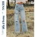 Women's Ripped Wide Leg Stretch Denim Jeans Blue Sky White Cloud Style European American Export Bestseller_mkmklike.com