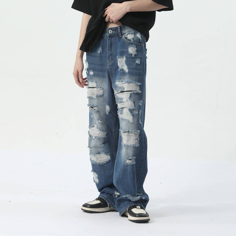 Men's Clothing Hip-Hop Style Heavyweight Distressed Straight Jeans For Men - Trendy Streetwear Denim Pants (Blue, S/M/L/XL)_mkmklike.com