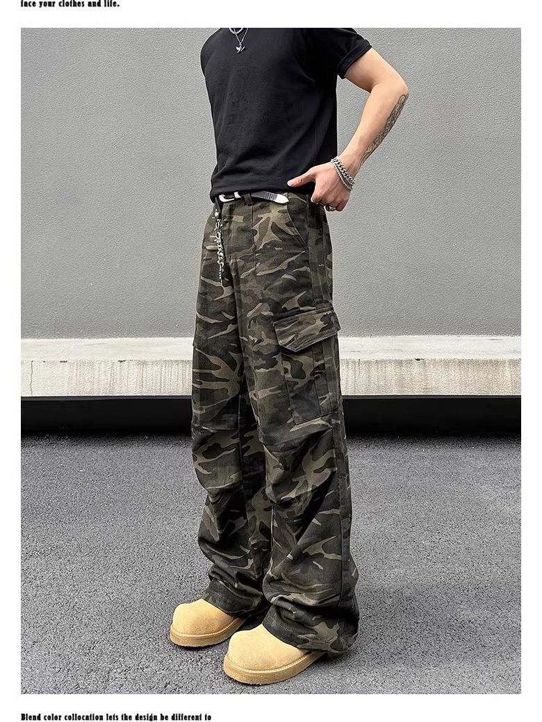 Vintage American Style Multi-Pocket Wide Leg Washed Camo Cargo Pants For Men & Women - Loose Fit Straight Leg Casual Jeans_mkmklike.com