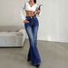 Women's High Waist Double Button Flared Jeans L1052 American Style Dark Blue Washed Slim Fit Floor Length Elastic Pants_mkmklike.com