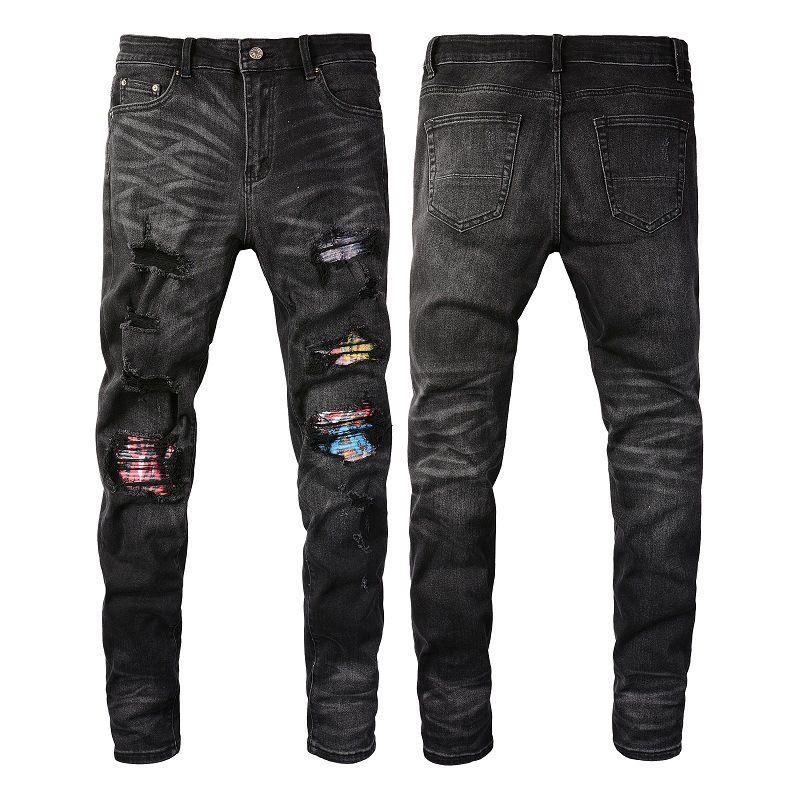 Men's Clothing Men's Slim Fit Stretch Jeans With Digital Patch & Ripped Details, Trendy Skinny Denim Pants For Casual Streetwear_mkmklike.com