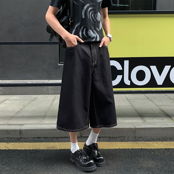 American High Street Style Raw Denim Cropped Jeans For Men, New Summer Loose Wide-leg Couple's Trendy Casual Shorts_mkmklike.com