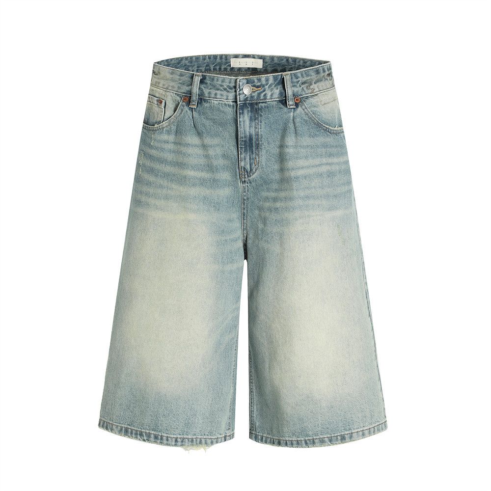 Men's Clothing High Street Retro Distressed Washed Denim Shorts Men's Loose Casual Wide Leg Straight Shorts Worn All Match Pants_mkmklike.com