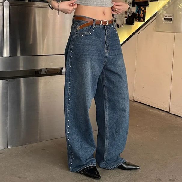 Korean Sweet & Cool High-Waisted Wide-Leg Jeans – Vintage Washed Denim With Side Studs (Dongdaemun Premium, Light Blue Wash)_mkmklike.com