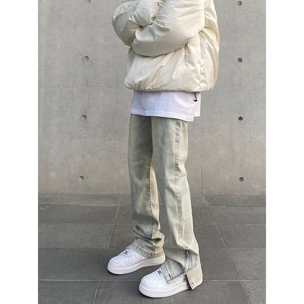 Men's Clothing High Street Style Vibe Retro Washed Distressed Vintage Washed High Street Vibe Men's Straight Leg Jeans With Zip Slit & Mud Dye_mkmklike.com