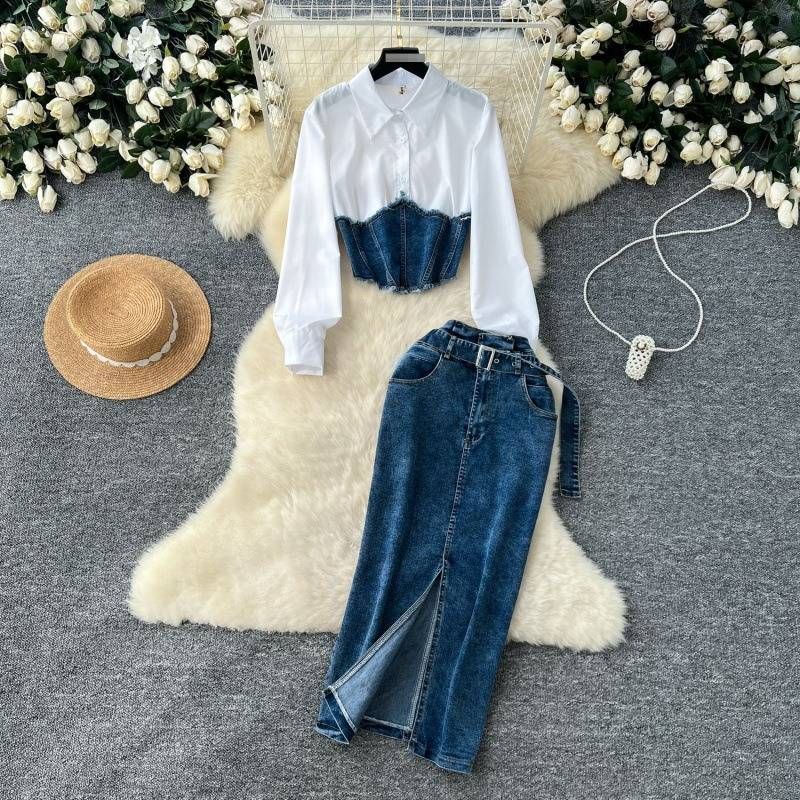 Denim Skirt Set – Belted Shirt & A-Line Skirt, Polyester-Blend Office-To-Dinner Outfit (S-Xl, Blue) Waist-Defining Magic_mkmklike.com
