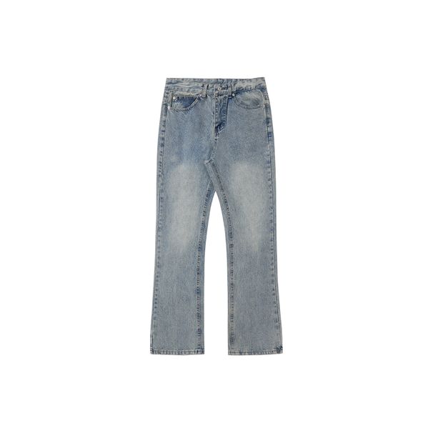 Men's Clothing Clean Fit Flared Soft Jeans Washed Vibe Style Distressed Raw Edges Vintage High Street Trousers_mkmklike.com