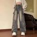 Retro Small Many Pockets Cargo Jeans Women's High Street Design Sense Loose Wide-leg Floor-length Pants Trend_mkmklike.com