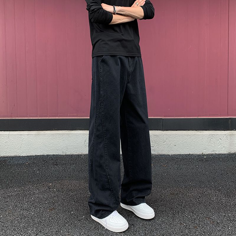Casual Slanted Cut Jeans For Men, Autumn Trendy High Street Loose Straight Wide-leg Cleanfit Casual Pants_mkmklike.com
