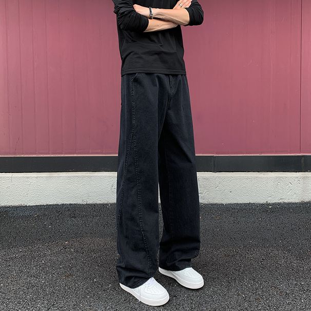 Casual Slanted Cut Jeans For Men, Autumn Trendy High Street Loose Straight Wide-leg Cleanfit Casual Pants_mkmklike.com