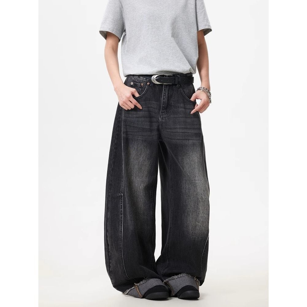 Distressed Black Washed Denim Wide-Leg Pants With Raw Hem - Trendy High Waist Casual Jeans For Men & Women_mkmklike.com