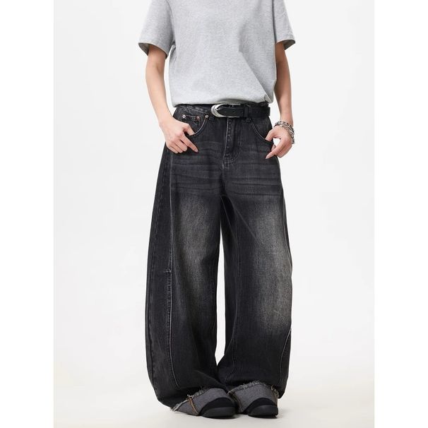 Distressed Black Washed Denim Wide-Leg Pants With Raw Hem - Trendy High Waist Casual Jeans For Men & Women_mkmklike.com