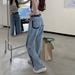 Women's Clothing Contrast Color Slightly Wide Leg Jeans Spring New Narrow Version High Waist Color Matching Drape Loose Straight Simple Mopping Pants_mkmklike.com