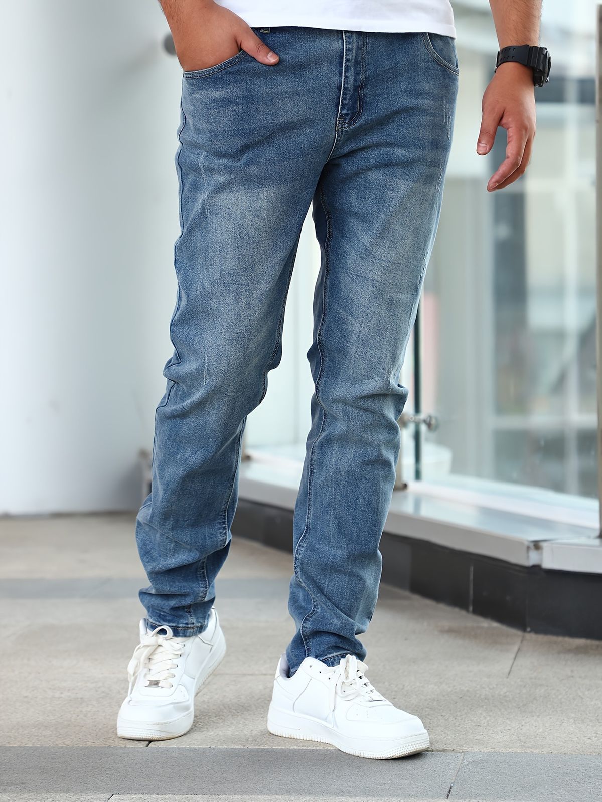 Slim Fit Stretch Denim Jeans For Men - Comfortable Blue Skinny Jeans With Enzyme Wash, Mid-Rise Waist, All-Season Casual Pants_mkmklike.com