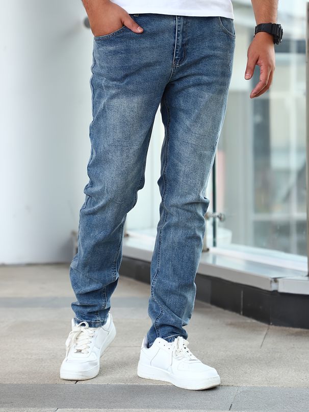 Slim Fit Stretch Denim Jeans For Men - Comfortable Blue Skinny Jeans With Enzyme Wash, Mid-Rise Waist, All-Season Casual Pants_mkmklike.com