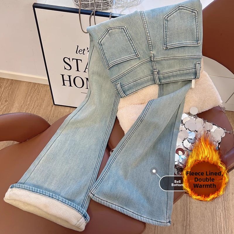 Women's Clothing Retro Slim Fit Jeans Fleece Lined High Waist Autumn Winter Loose Fit Slimming Tight Fitting Horseshoe Pants_mkmklike.com