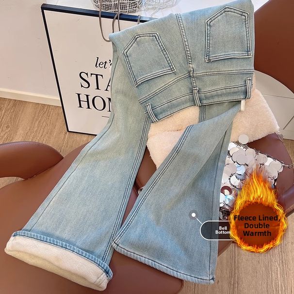 Women's Clothing Retro Slim Fit Jeans Fleece Lined High Waist Autumn Winter Loose Fit Slimming Tight Fitting Horseshoe Pants_mkmklike.com