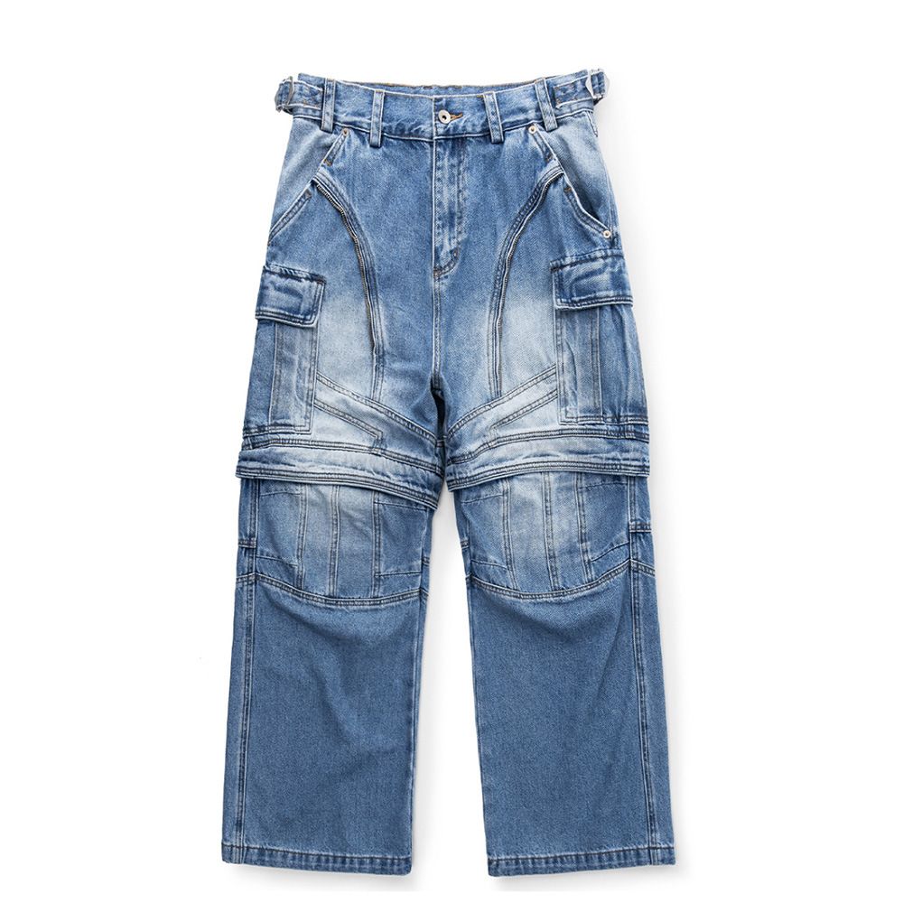 Deconstructed Detachable Zipper Two-Way Jeans Heavy-Duty Straight-Leg Men's American Style Washed Faded Loose Long Pants_mkmklike.com