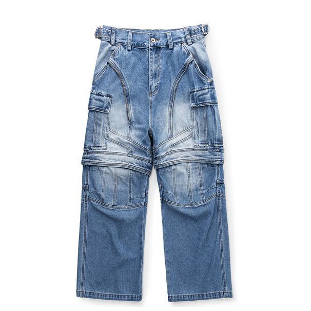 Deconstructed Detachable Zipper Two-Way Jeans Heavy-Duty Straight-Leg Men's American Style Washed Faded Loose Long Pants_mkmklike.com