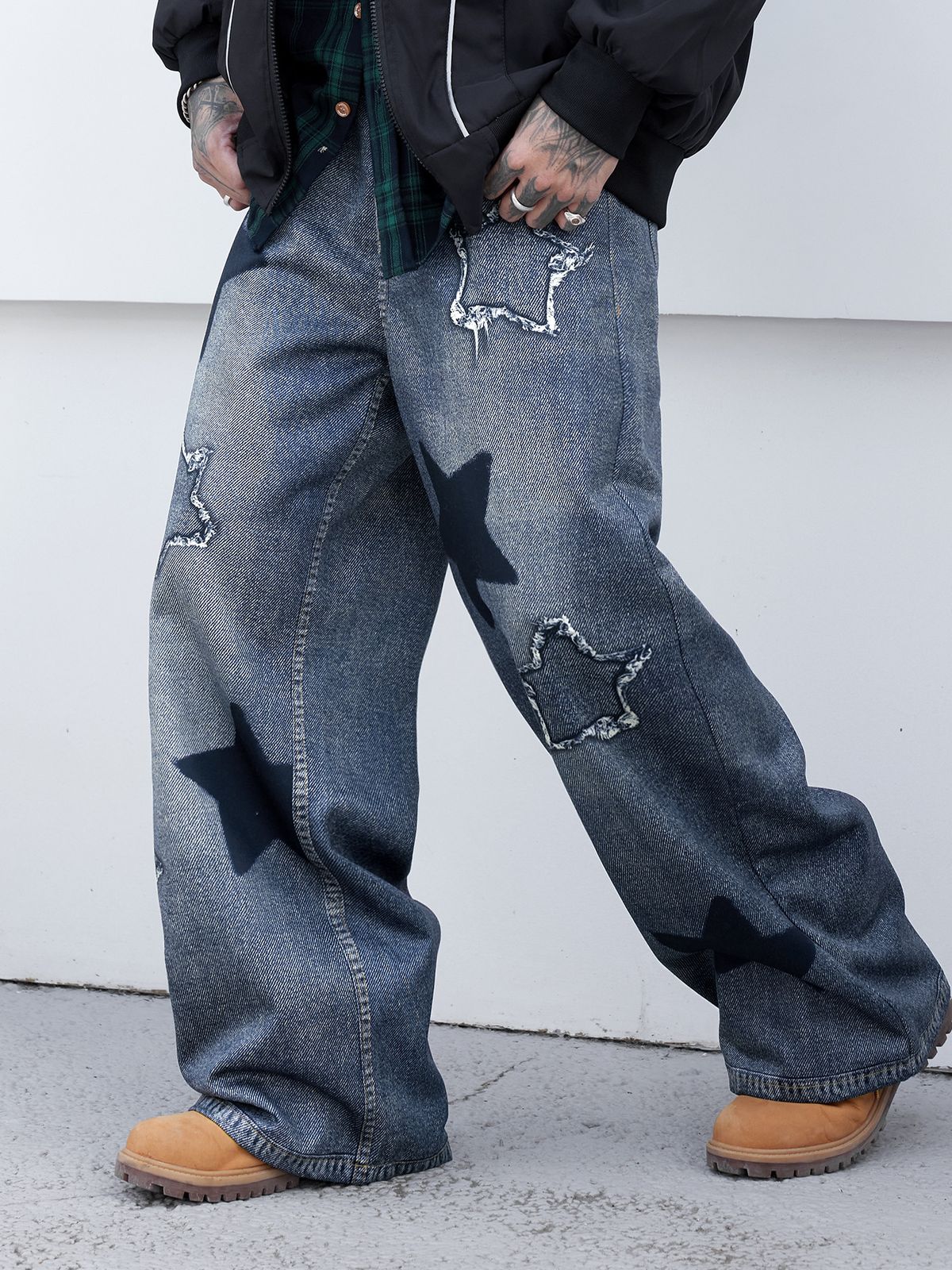 Retro Wide-Leg Jeans For Men - Hip-Hop Streetwear Denim Pants With Patchwork Design (Unisex Oversized Vintage Trousers)_mkmklike.com