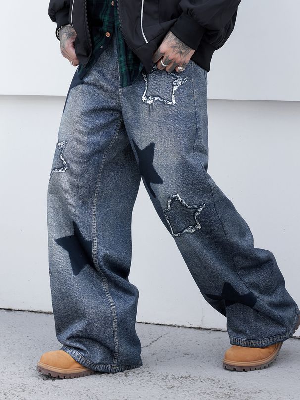 Retro Wide-Leg Jeans For Men - Hip-Hop Streetwear Denim Pants With Patchwork Design (Unisex Oversized Vintage Trousers)_mkmklike.com
