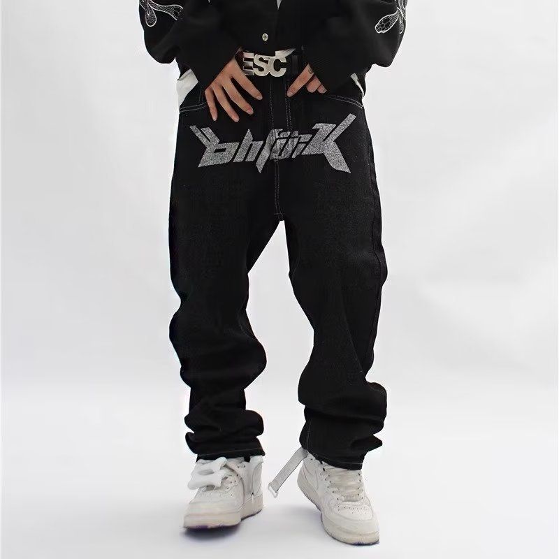 Trendy Hip-Hop Printed Jeans For Men American Street Fashion Loose Straight Wide-Leg Pants_mkmklike.com