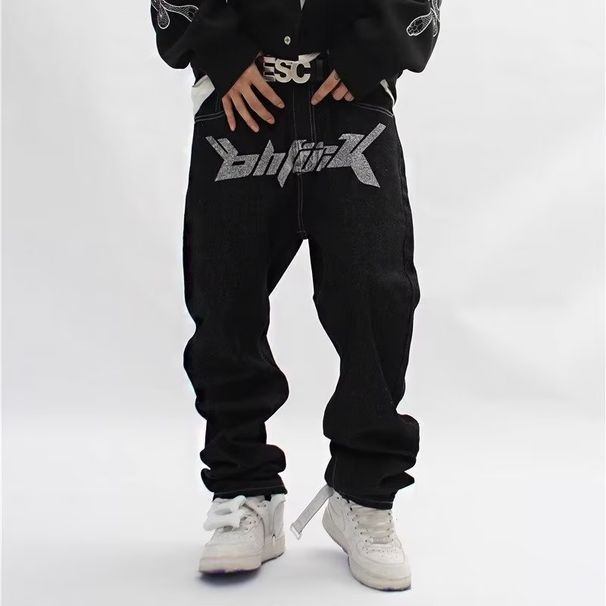 Trendy Hip-Hop Printed Jeans For Men American Street Fashion Loose Straight Wide-Leg Pants_mkmklike.com