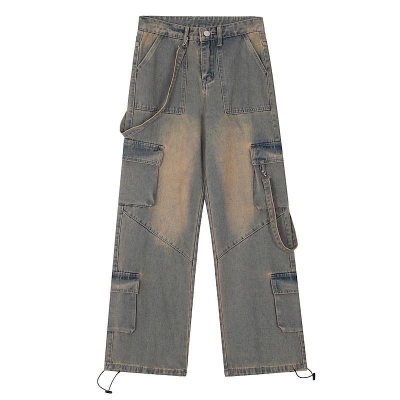 Men's Trendy Washed Distressed Multi Pocket Cargo Jeans, Loose Straight Leg Wide Leg, High Street Style, American Retro._mkmklike.com