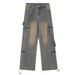 Men's Trendy Washed Distressed Multi Pocket Cargo Jeans, Loose Straight Leg Wide Leg, High Street Style, American Retro._mkmklike.com