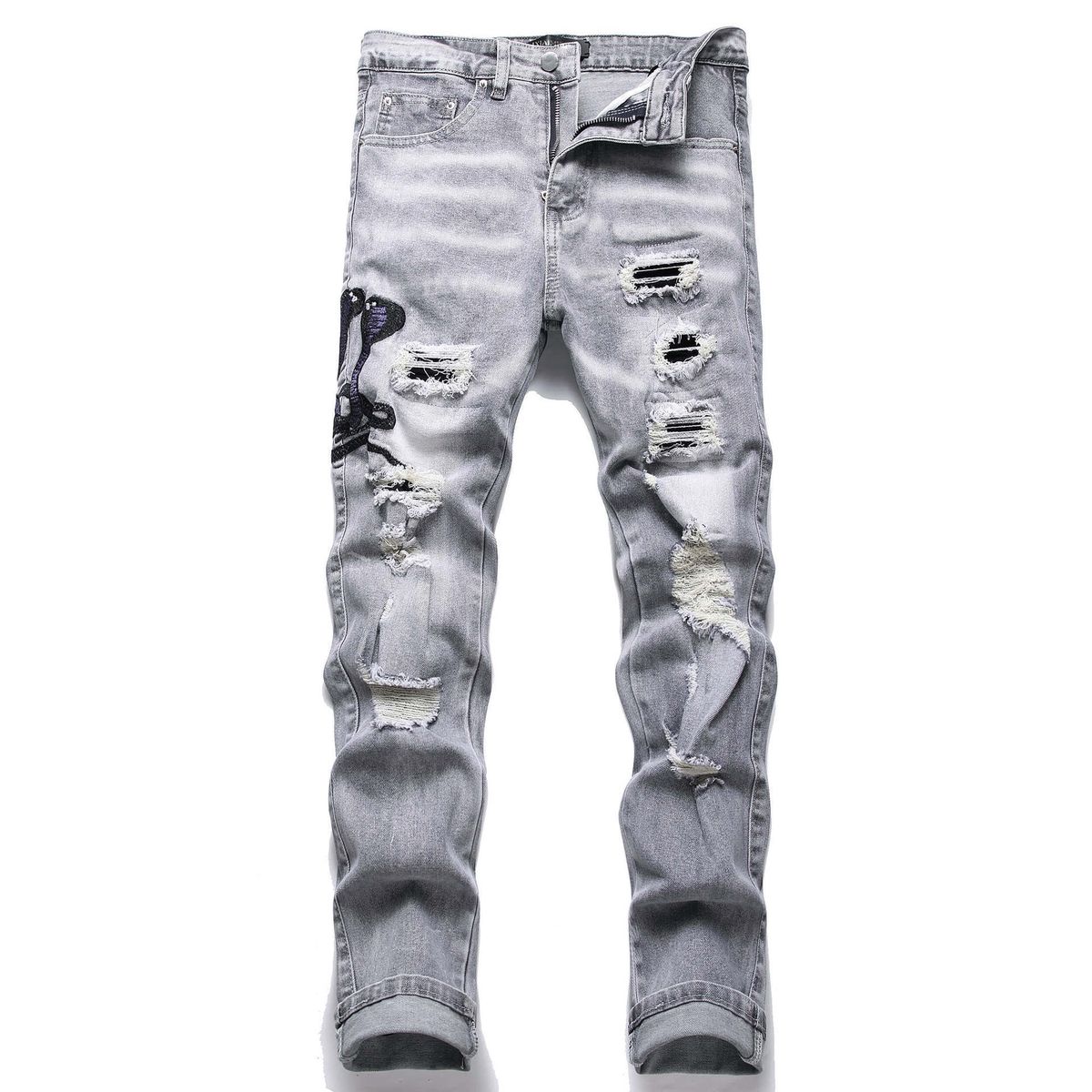 European Men's Light Blue Ripped Embroidered Jeans Men's Trendy Elastic Slim Fit American High Street Trousers_mkmklike.com