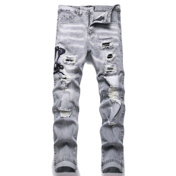 European Men's Light Blue Ripped Embroidered Jeans Men's Trendy Elastic Slim Fit American High Street Trousers_mkmklike.com