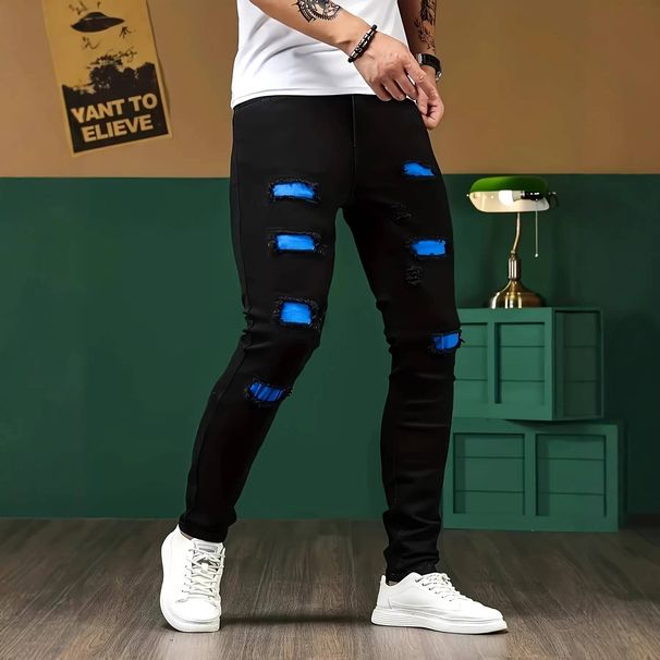 Men's Clothing Slim Fit Stretchy Black Jeans Stylish Distressed Patches Design Techniques Trousers_mkmklike.com