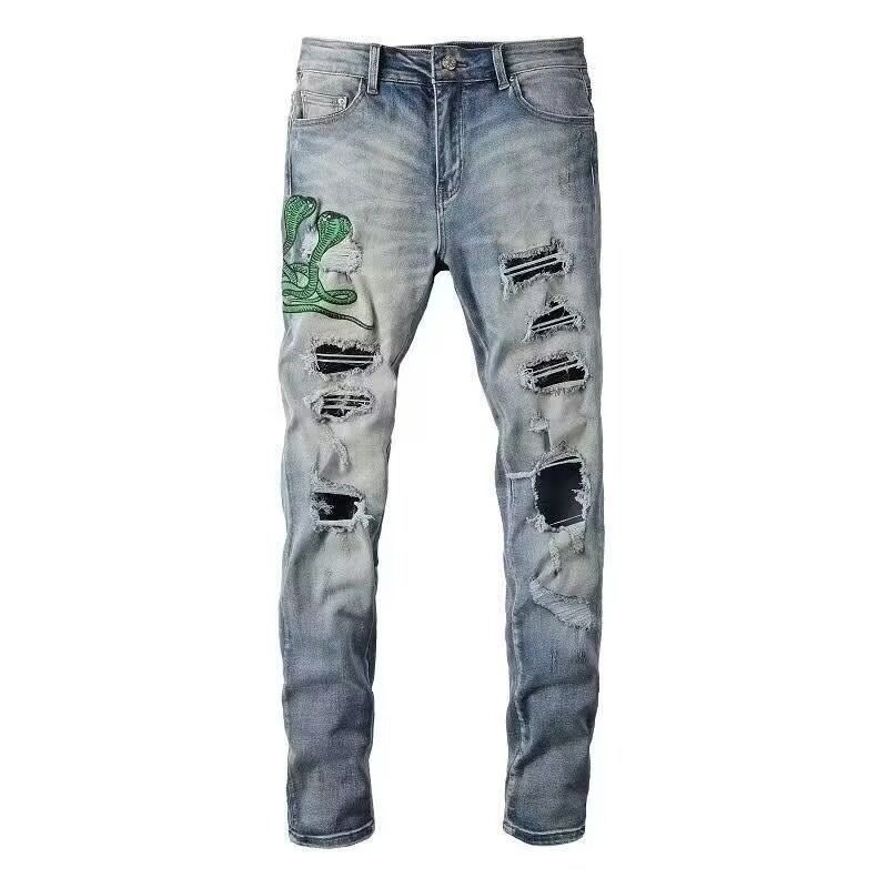 Men's Streetwear Slim-Fit Jeans Cobra Embroidered Vintage Washed And Distressed Denim Patchwork Mid-Rise Stretch Sizes 34 36_mkmklike.com