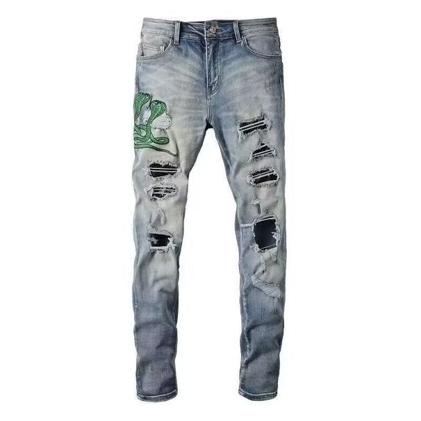 Men's Streetwear Slim-Fit Jeans Cobra Embroidered Vintage Washed And Distressed Denim Patchwork Mid-Rise Stretch Sizes 34 36_mkmklike.com