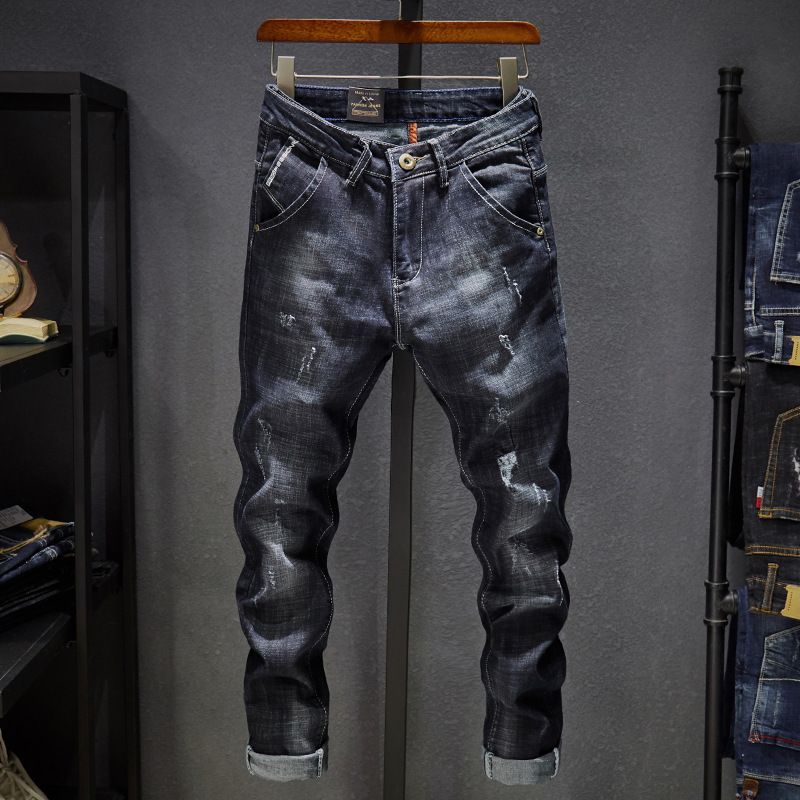 "Men's Classic Straight Leg Jeans - Comfortable Stretch Denim Pants With Washed & Distressed Details For Casual Wear (Black, Sizes 27-38)"_mkmklike.com