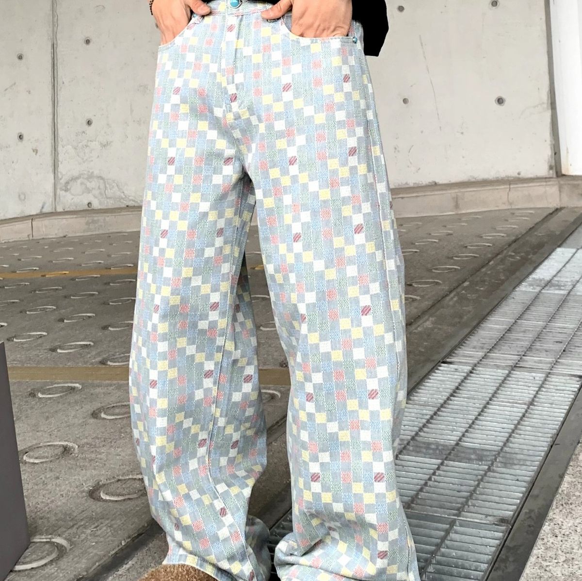 Men's Clothing Summer New Paris Style Colorful Checkerboard Wide Leg Jeans Men's Trendy Fashion Casual All Match Trousers Straight_mkmklike.com