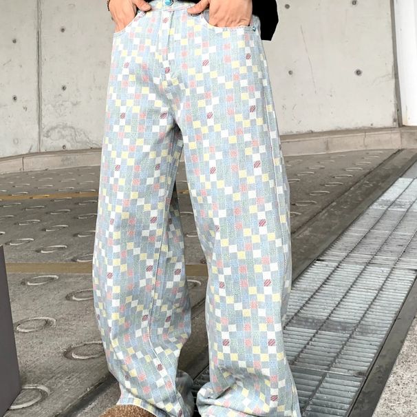 Men's Clothing Summer New Paris Style Colorful Checkerboard Wide Leg Jeans Men's Trendy Fashion Casual All Match Trousers Straight_mkmklike.com