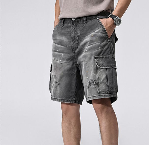 Men's Clothing New Style Old Ink Splashed Denim Shorts Men's Street Style Workwear Shorts American Casual Shorts_mkmklike.com