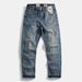 Retro Style Stretchy Denim Trousers Japanese Casual Washed Straight Leg Blue Cotton mid Waist Long Pants for Men_mkmklike.com